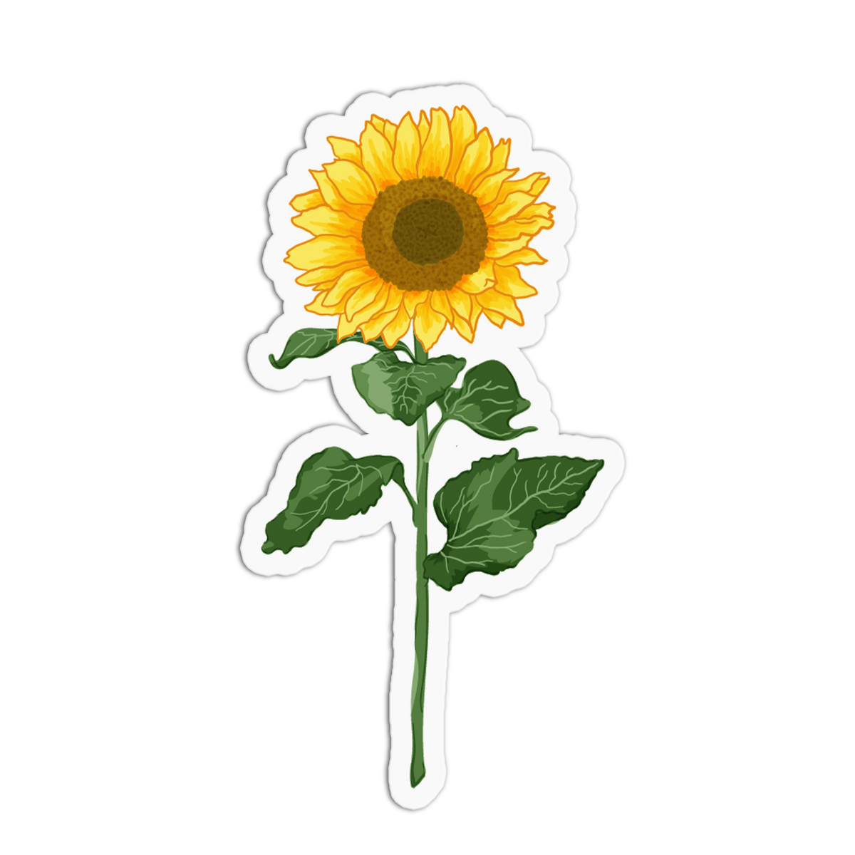 A die-cut sticker featuring a bright yellow sunflower with a dark brown center and green leaves on a stem, shown on a plain white background.