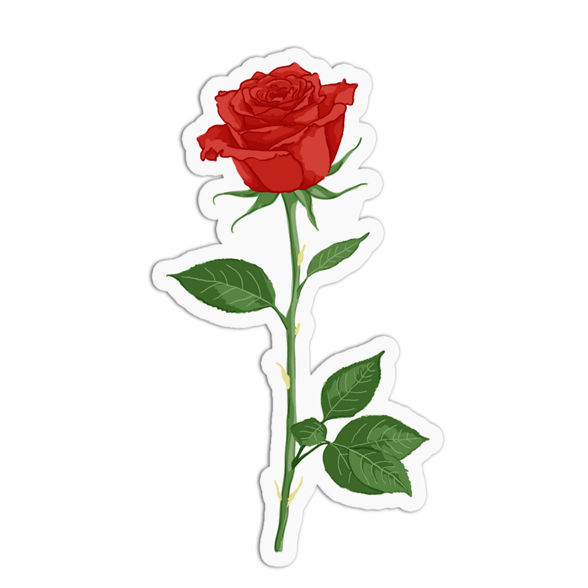 A sticker depicting a classic open red rose on a long green stem with thorns and leaves, set against a white background with a die-cut border.