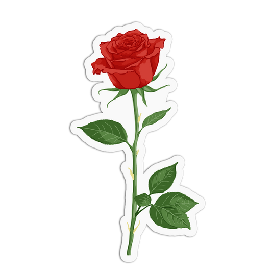 A sticker depicting a classic open red rose on a long green stem with thorns and leaves, set against a white background with a die-cut border.