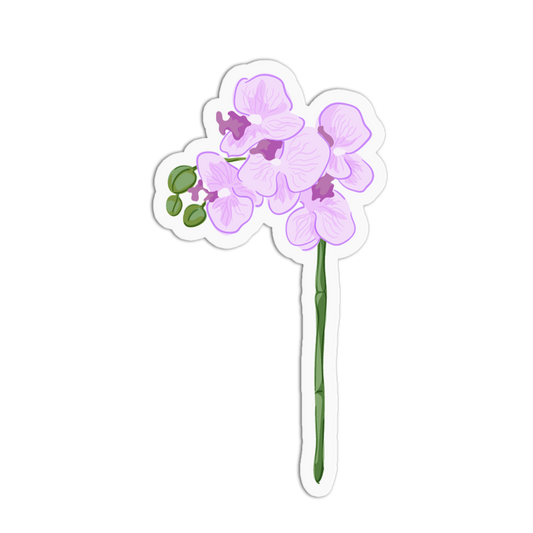 A sticker of a branch of light purple orchid blossoms with dark purple centers and green buds at the tip, set against a white background with a die-cut border.