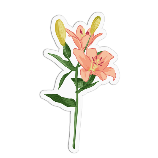 A sticker featuring two warm orange-pink lily blooms and two closed yellow buds on a green stem with leaves, set against a white background with a die-cut border.
