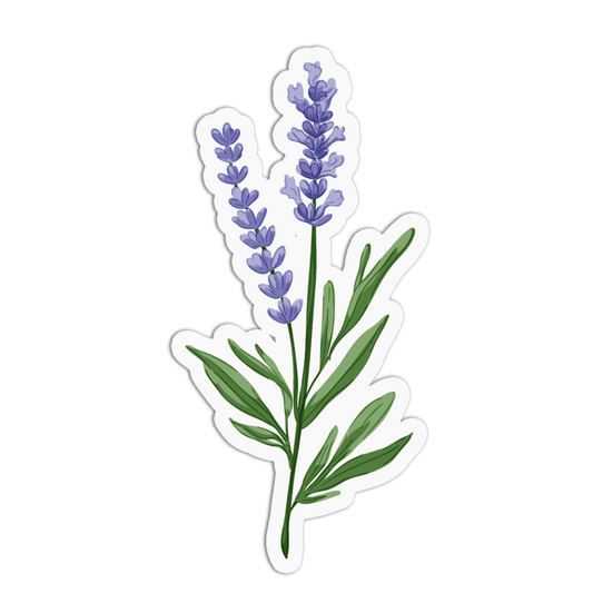 A sticker showing two stalks of vibrant purple lavender flowers with thin green stems and leaves, set against a white background with a die-cut border.