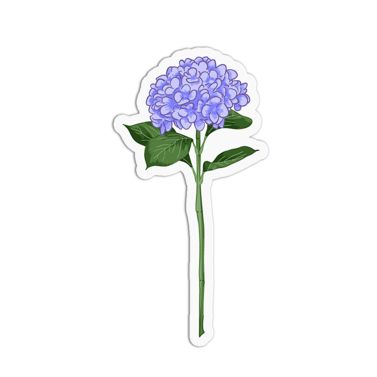 A sticker of a lush cluster of light blue-purple hydrangea flowers on a long straight green stem with leaves, set against a white background with a die-cut border.