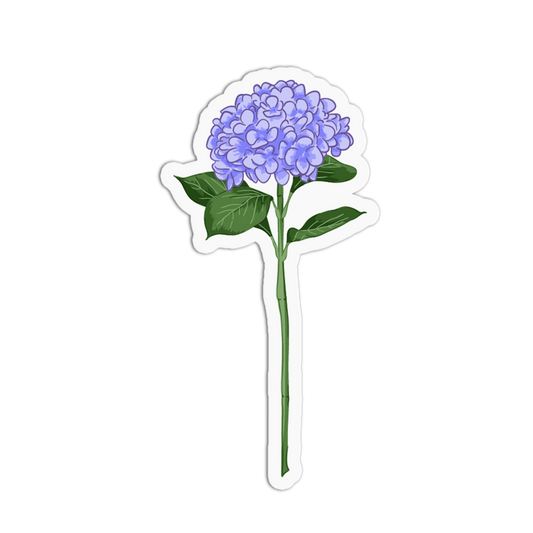 A sticker of a lush cluster of light blue-purple hydrangea flowers on a long straight green stem with leaves, set against a white background with a die-cut border.