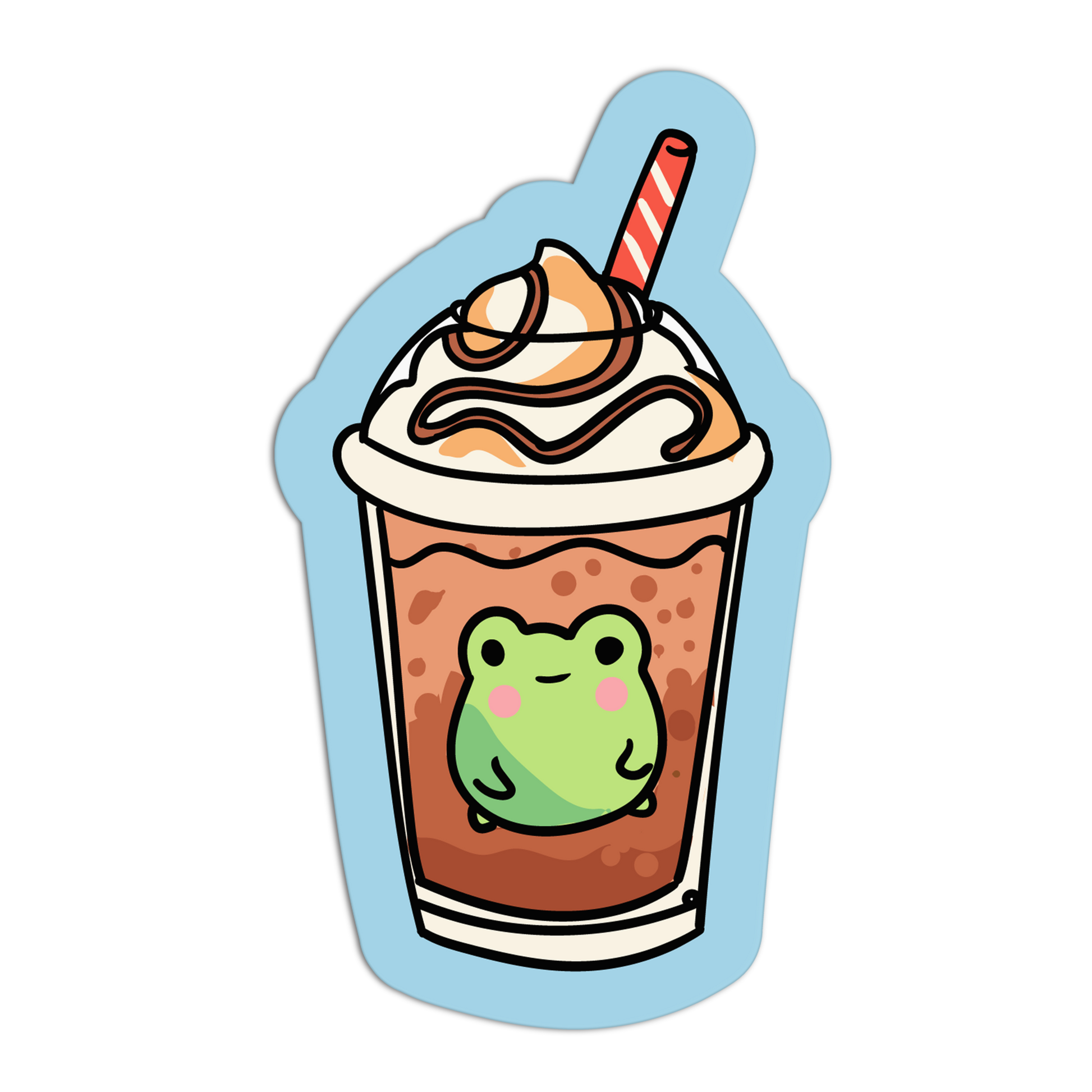 Cartoon frog on a coffee cup with whipped cream and a straw on a light blue background