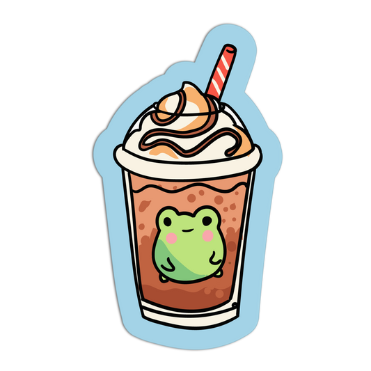 Cartoon frog on a coffee cup with whipped cream and a straw on a light blue background