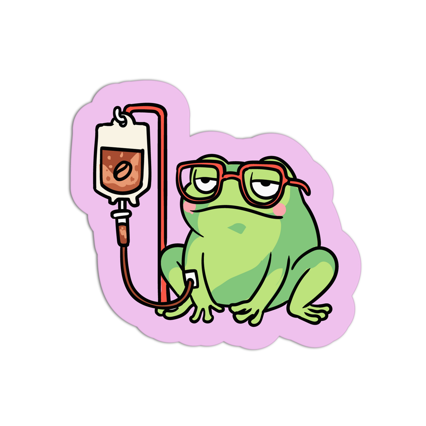 Cartoon frog with glasses and IV bag on a pink background