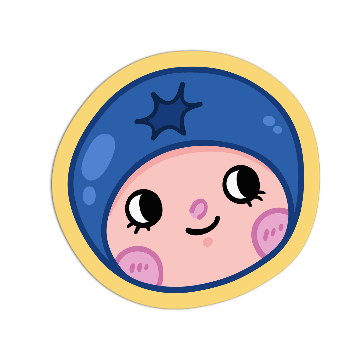 Cartoon character with a blue helmet and pink face on a white background
