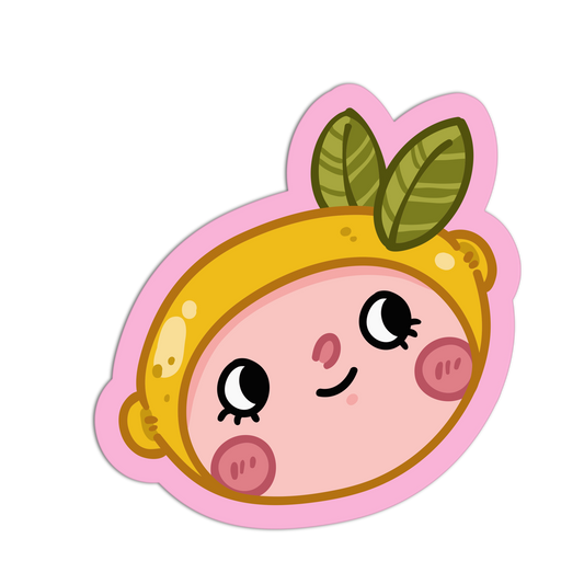 Cartoon character with a yellow headband and pink cheeks on a white background