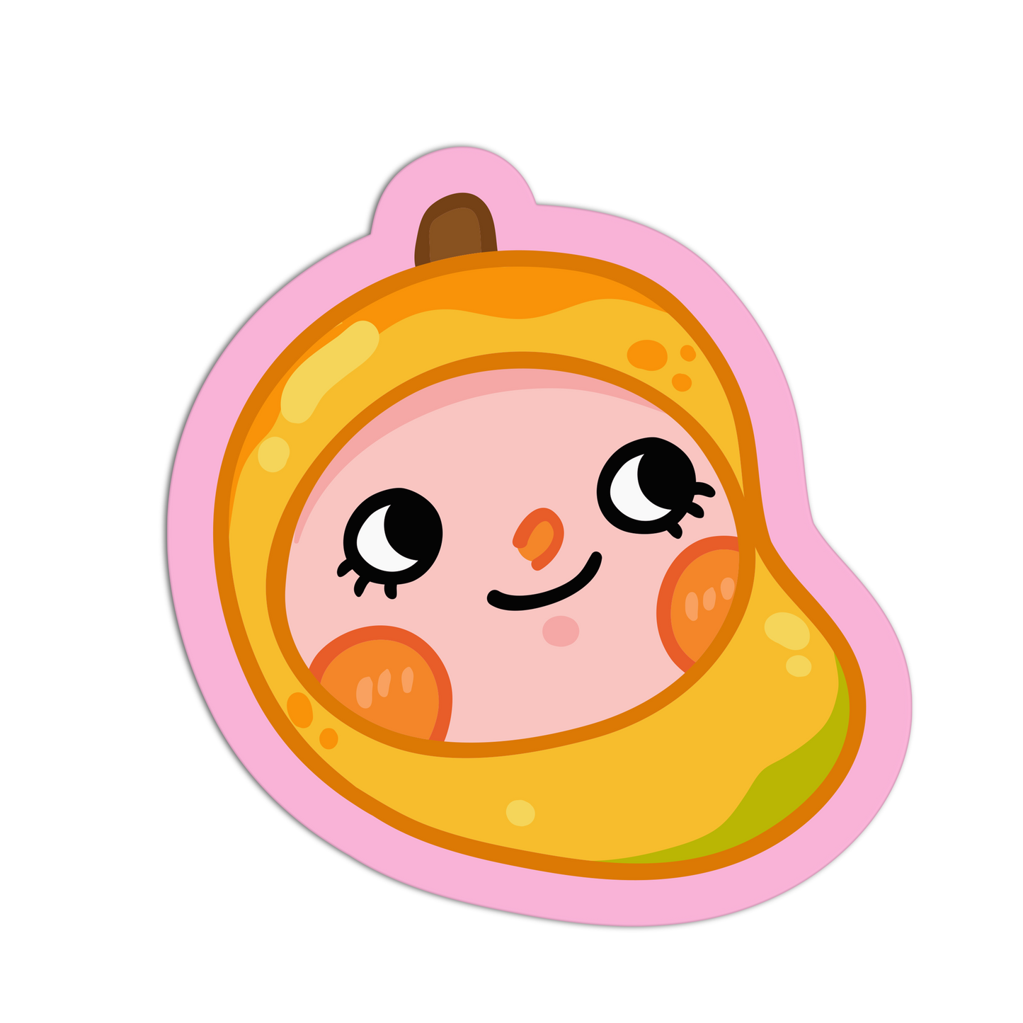 Cartoon character in a yellow outfit with a pink border on a white background