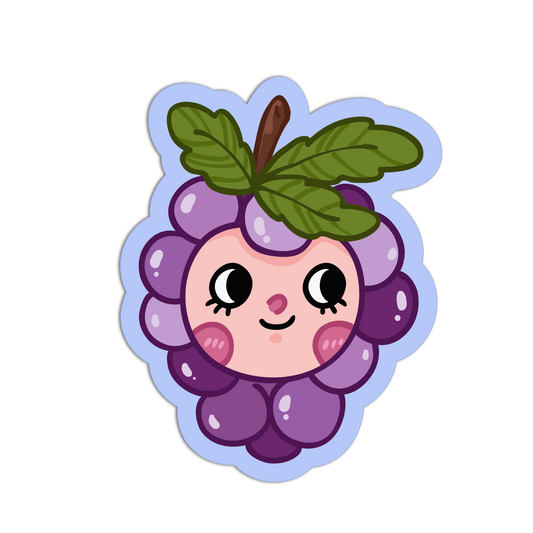 Cartoon-style grape character with a smiling face on a white background