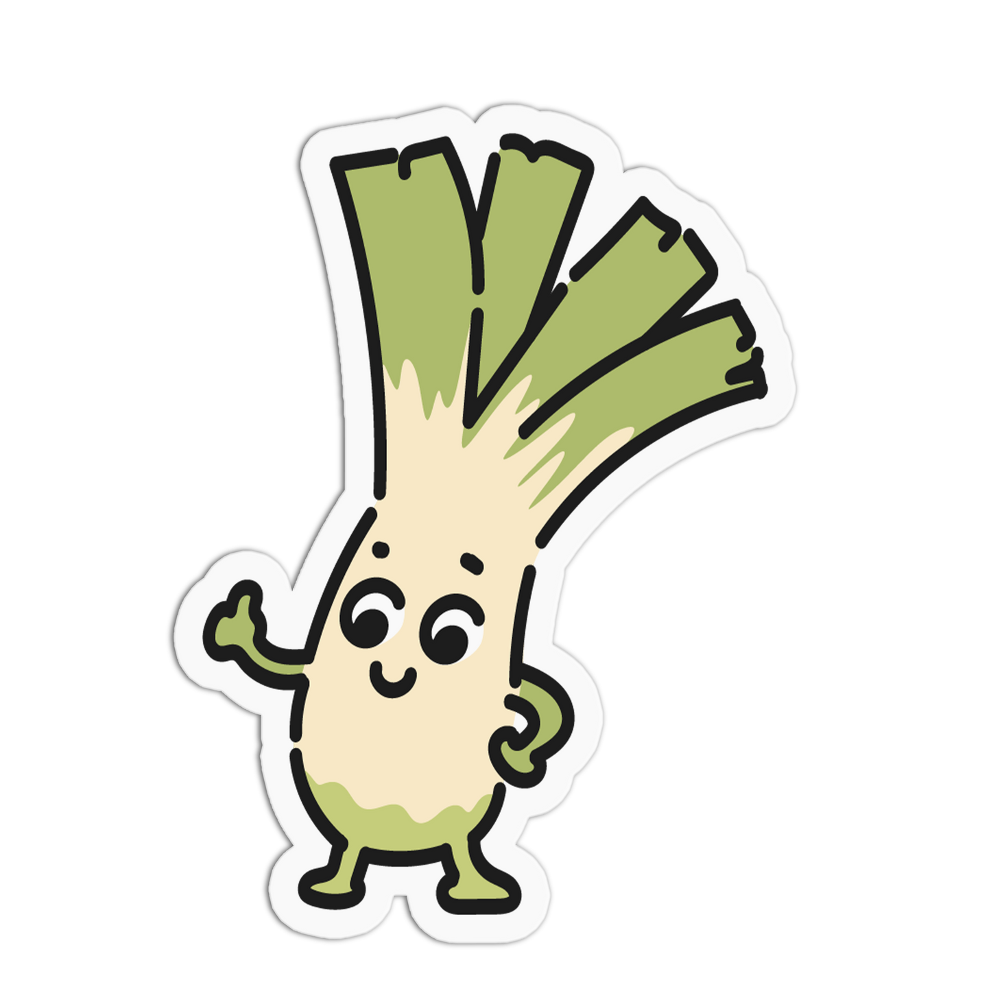 A cartoon leek character sticker with a smiling face, waving one hand, and standing on a white background with a die-cut outline.