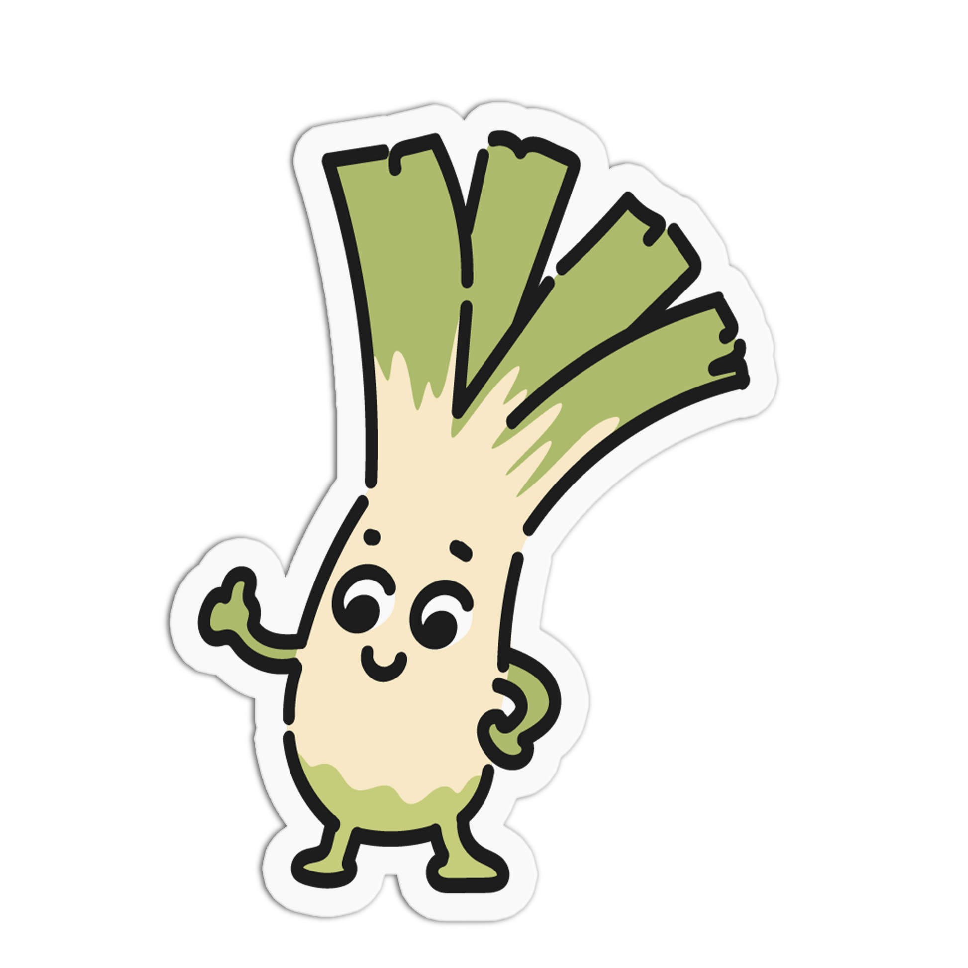 A cartoon leek character sticker with a smiling face, waving one hand, and standing on a white background with a die-cut outline.