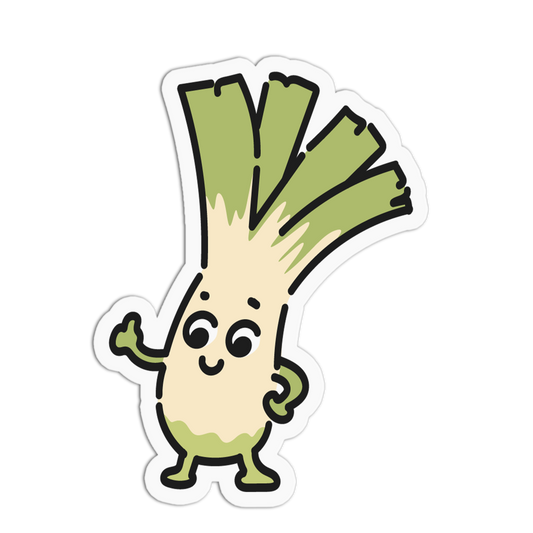 A cartoon leek character sticker with a smiling face, waving one hand, and standing on a white background with a die-cut outline.