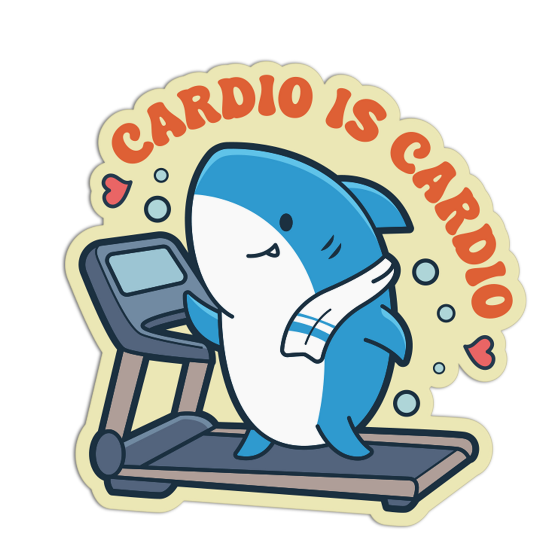 Cartoon shark on a treadmill with 'Cardio is Cardio' text