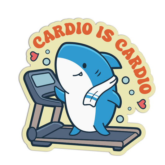 Cartoon shark on a treadmill with 'Cardio is Cardio' text