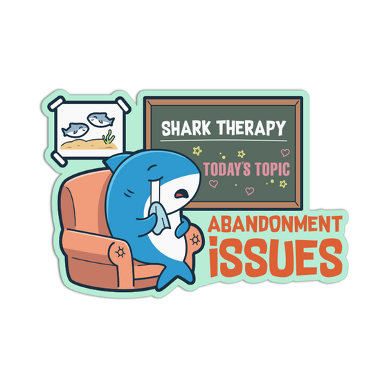 Cartoon shark in a therapy session with a chalkboard and couch on a white background