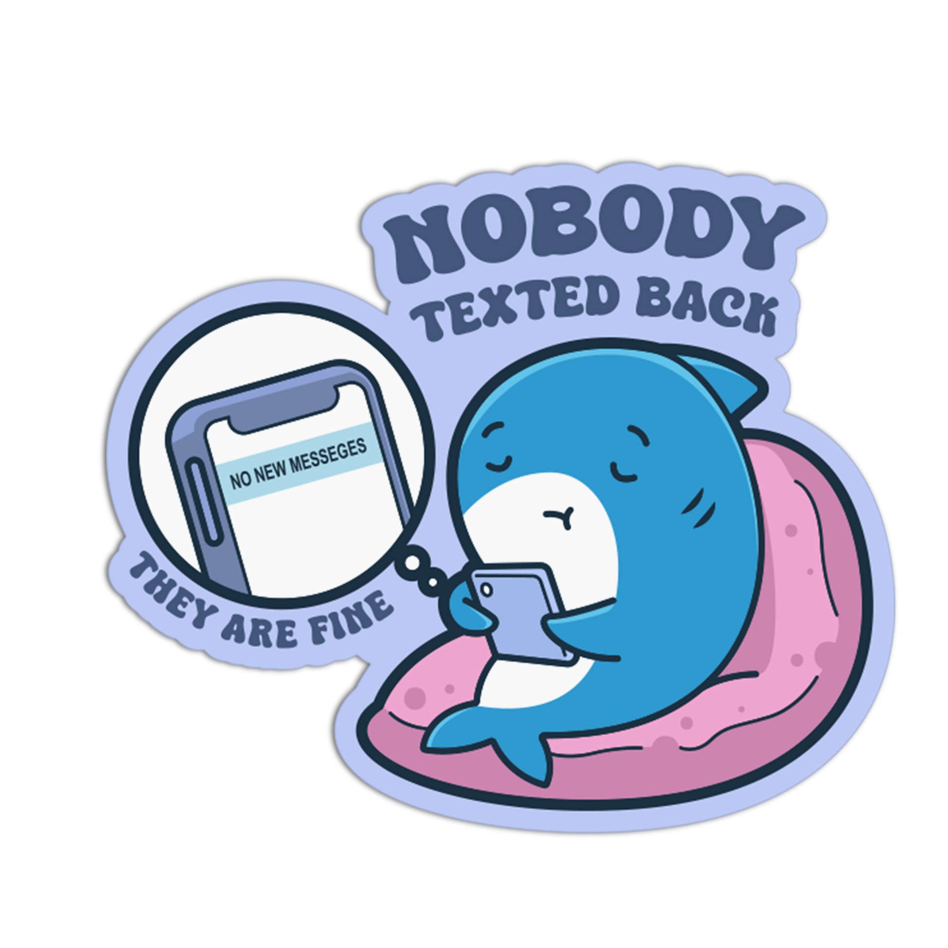 Sticker with a blue whale character looking at a phone with 'No New Messages' on a white background.