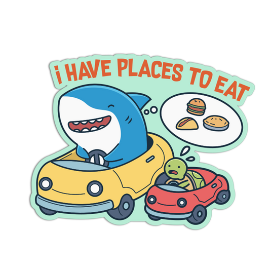 Cartoon shark driving a yellow car with a smaller green car, thinking about food, on a light green background.