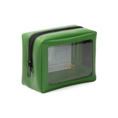 Green zippered pouch with a clear window on a white background