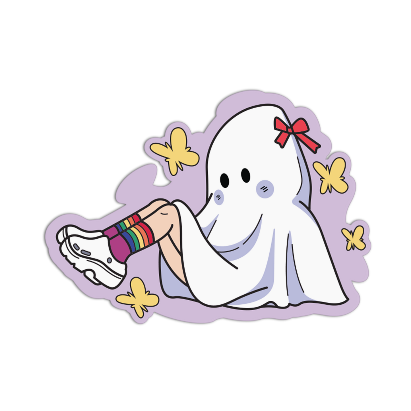 A die-cut sticker featuring a cute cartoon ghost character sitting cross-legged, wearing a white sheet, rainbow socks, and a red bow, surrounded by yellow butterflies on a light purple background.