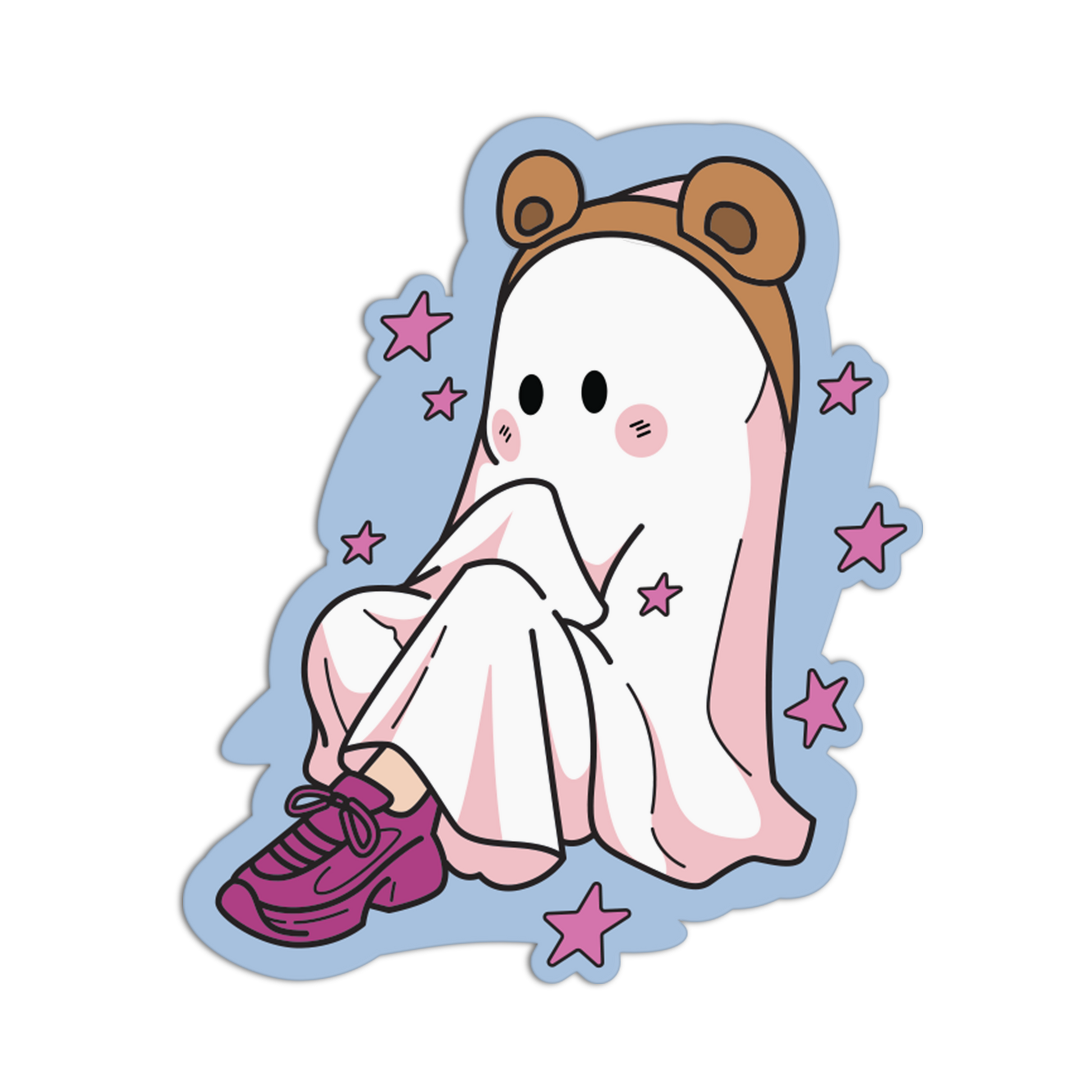 A cute cartoon sticker or decal of a ghost-like character sitting cross-legged, wearing a brown bear hat and pink sneakers, with pink stars around it on a light blue outline, shown on a white background.