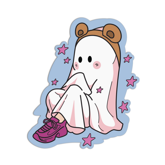 A cute cartoon sticker or decal of a ghost-like character sitting cross-legged, wearing a brown bear hat and pink sneakers, with pink stars around it on a light blue outline, shown on a white background.