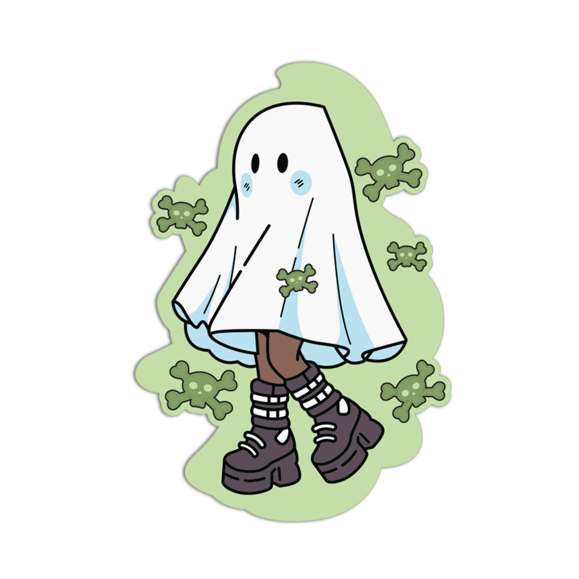 A die-cut sticker featuring a cartoon ghost character wearing brown socks and black platform boots, surrounded by small green skull-like shapes on a pale green background, shown on a plain white backdrop.