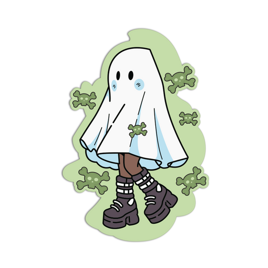 A die-cut sticker featuring a cartoon ghost character wearing brown socks and black platform boots, surrounded by small green skull-like shapes on a pale green background, shown on a plain white backdrop.