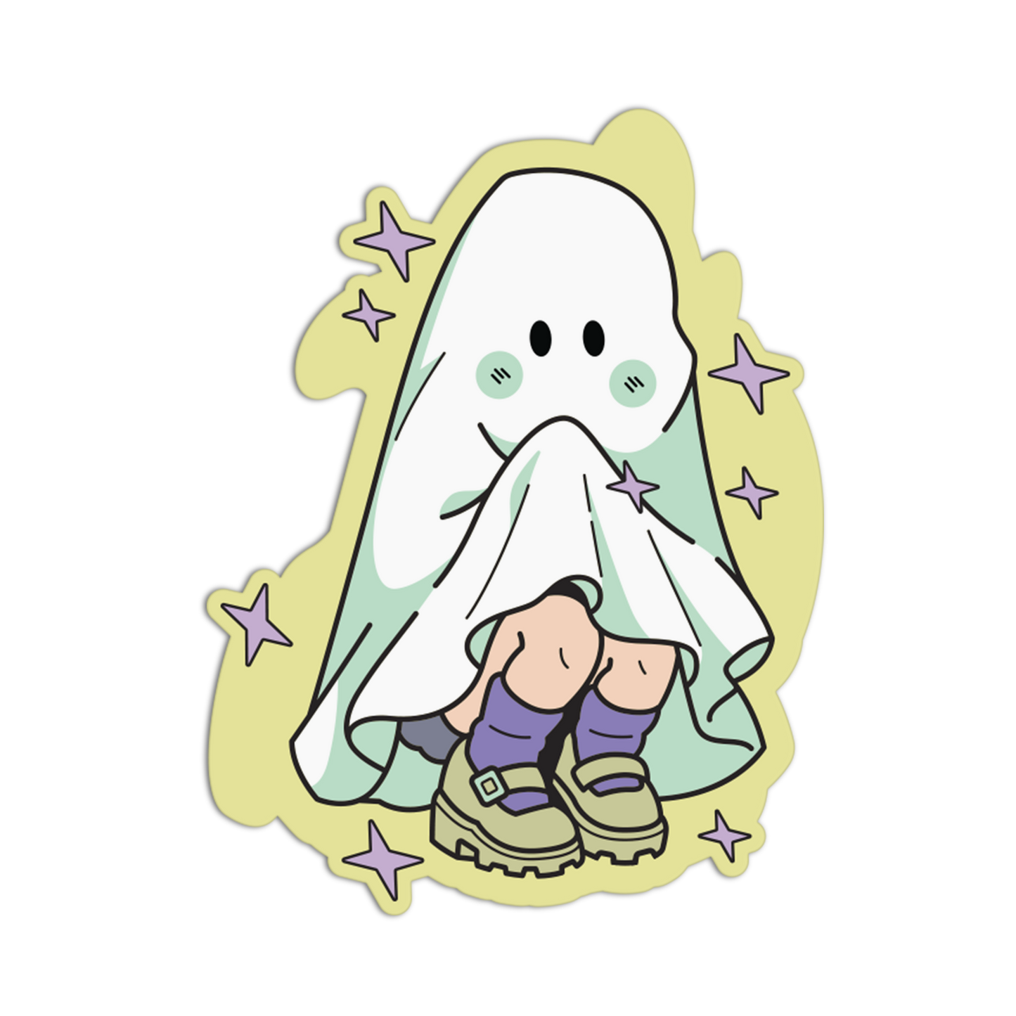 A cute cartoon sticker or decal of a ghost-like character wearing a white sheet, with small green cheeks, black eyes, purple socks, and tan shoes, surrounded by lavender sparkles on a pale yellow background.