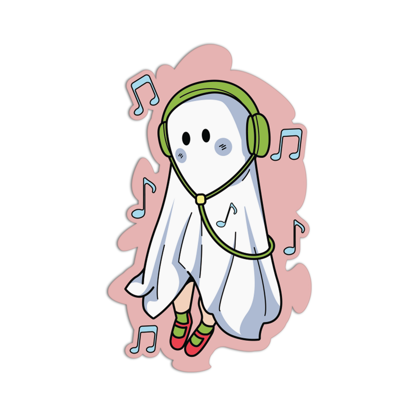 A cute cartoon ghost character wearing green headphones and red-and-green striped socks, surrounded by floating blue musical notes on a black background.