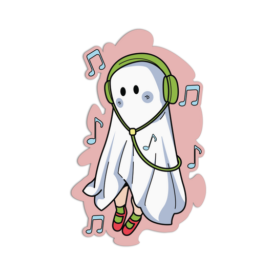 A cute cartoon ghost character wearing green headphones and red-and-green striped socks, surrounded by floating blue musical notes on a black background.
