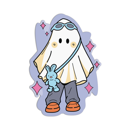 A cute cartoon ghost character sticker or decal, wearing a white sheet, blue goggles, gray pants, and orange shoes, holding a small blue bunny, on a black background with a light blue shadow outline and pink sparkles.