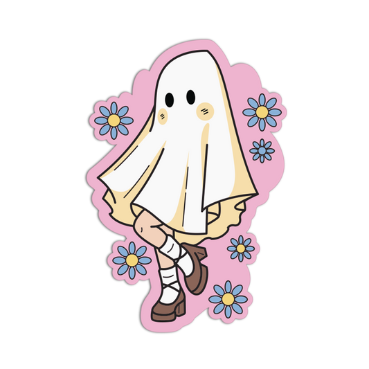 A die-cut sticker featuring a cute cartoon ghost character wearing a white sheet, with small blue and yellow flowers around it, on a black background.
