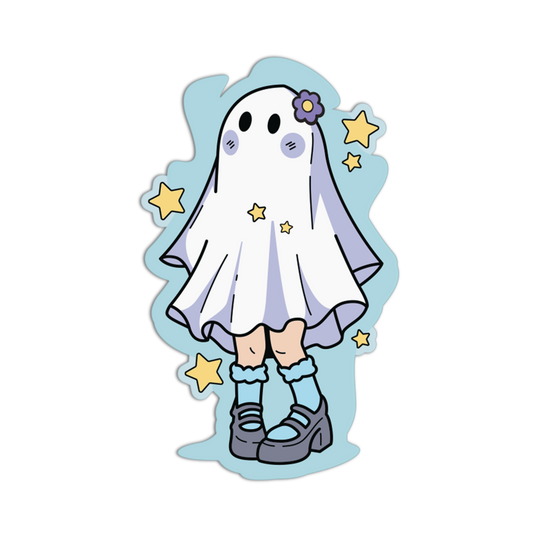 A cute cartoon ghost character sticker or decal on a plain white background. The ghost wears a white sheet, light purple sleeves, light blue socks, gray shoes, and a small purple flower in its hair, with small yellow stars scattered around it.