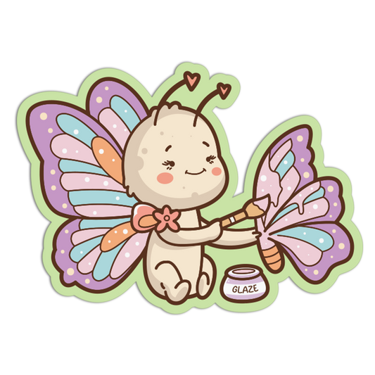 Cartoon character in a butterfly costume holding a paintbrush and jar of glaze on a transparent background