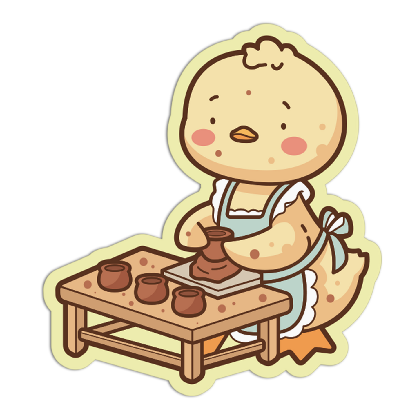 Cartoon chicken character in an apron working with clay on a pottery wheel.