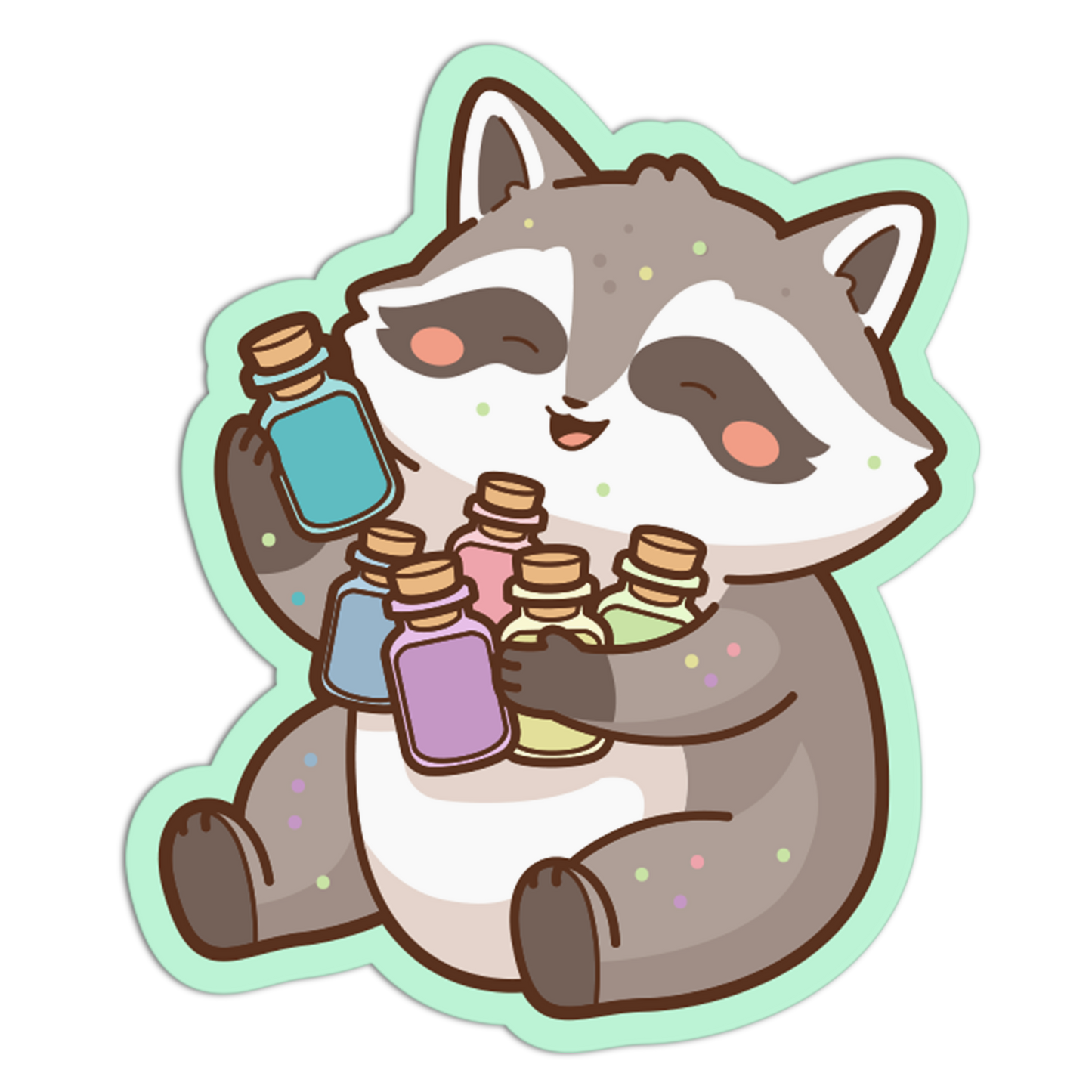 Cartoon raccoon holding colorful bottles with a light green border