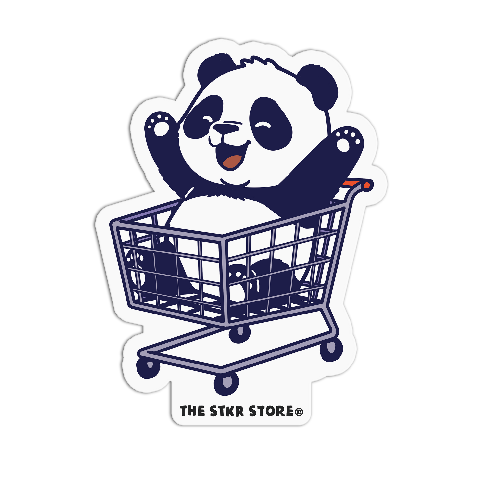 Sticker of a panda in a shopping cart with 'The STKR Store' logo.
