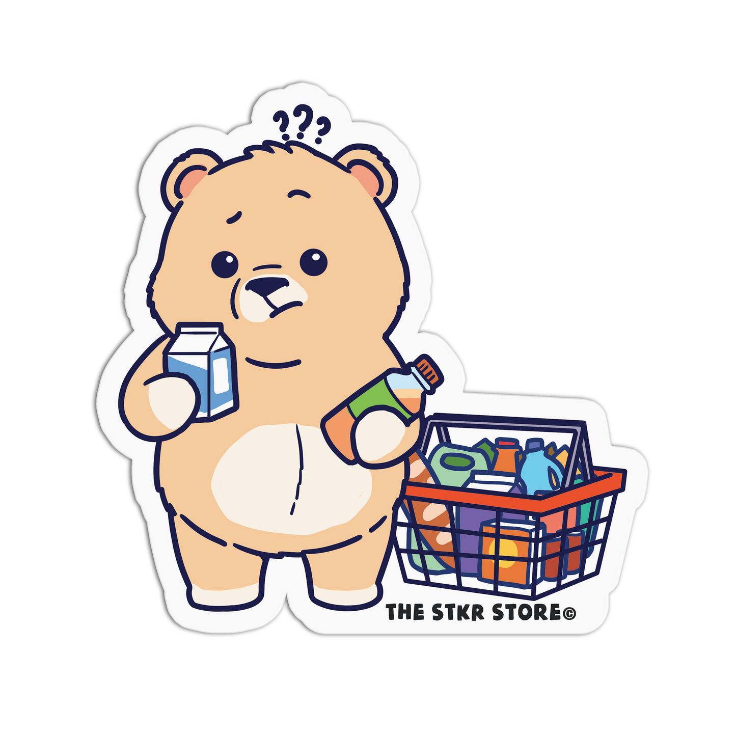 Cartoon bear holding a milk carton and bottle, with a shopping basket, on a white background. Brand 'THE STKR STORE' visible.