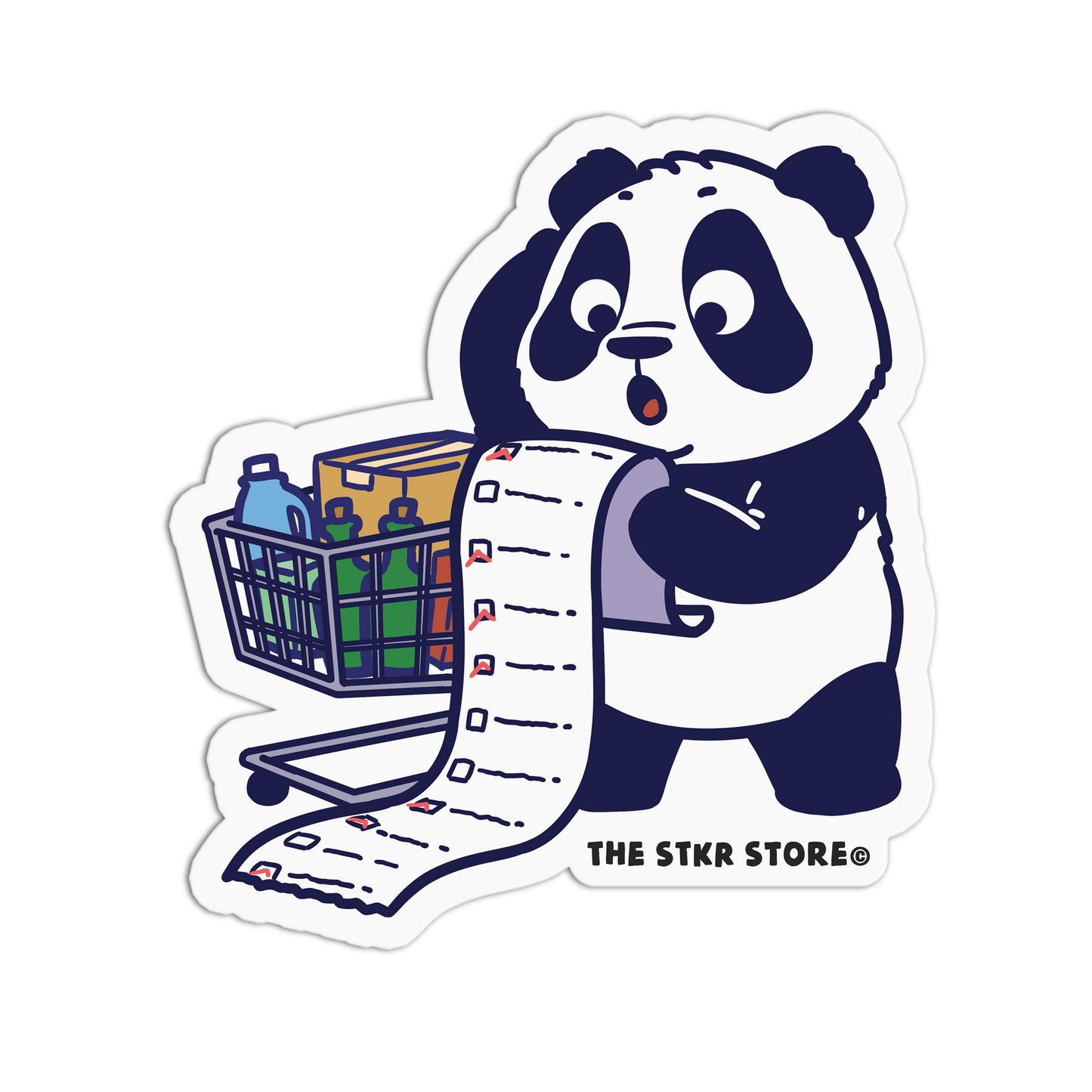Sticker of a panda holding a shopping list with a cart full of groceries, branded 'The STKR Store'.