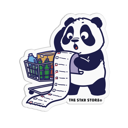 Sticker of a panda holding a shopping list with a cart full of groceries, branded 'The STKR Store'.