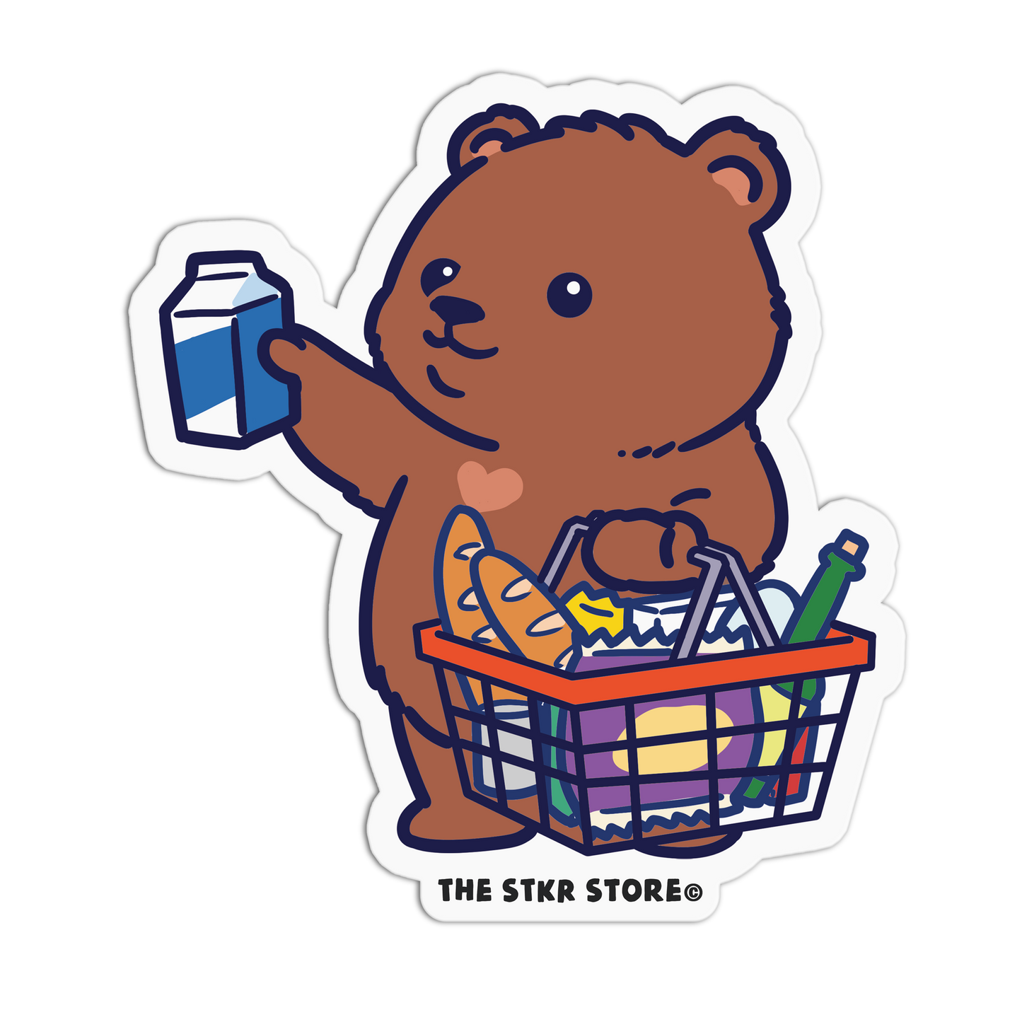Cartoon bear holding a milk carton and a shopping basket with groceries on a white background, branded 'THE STKR STORE'.