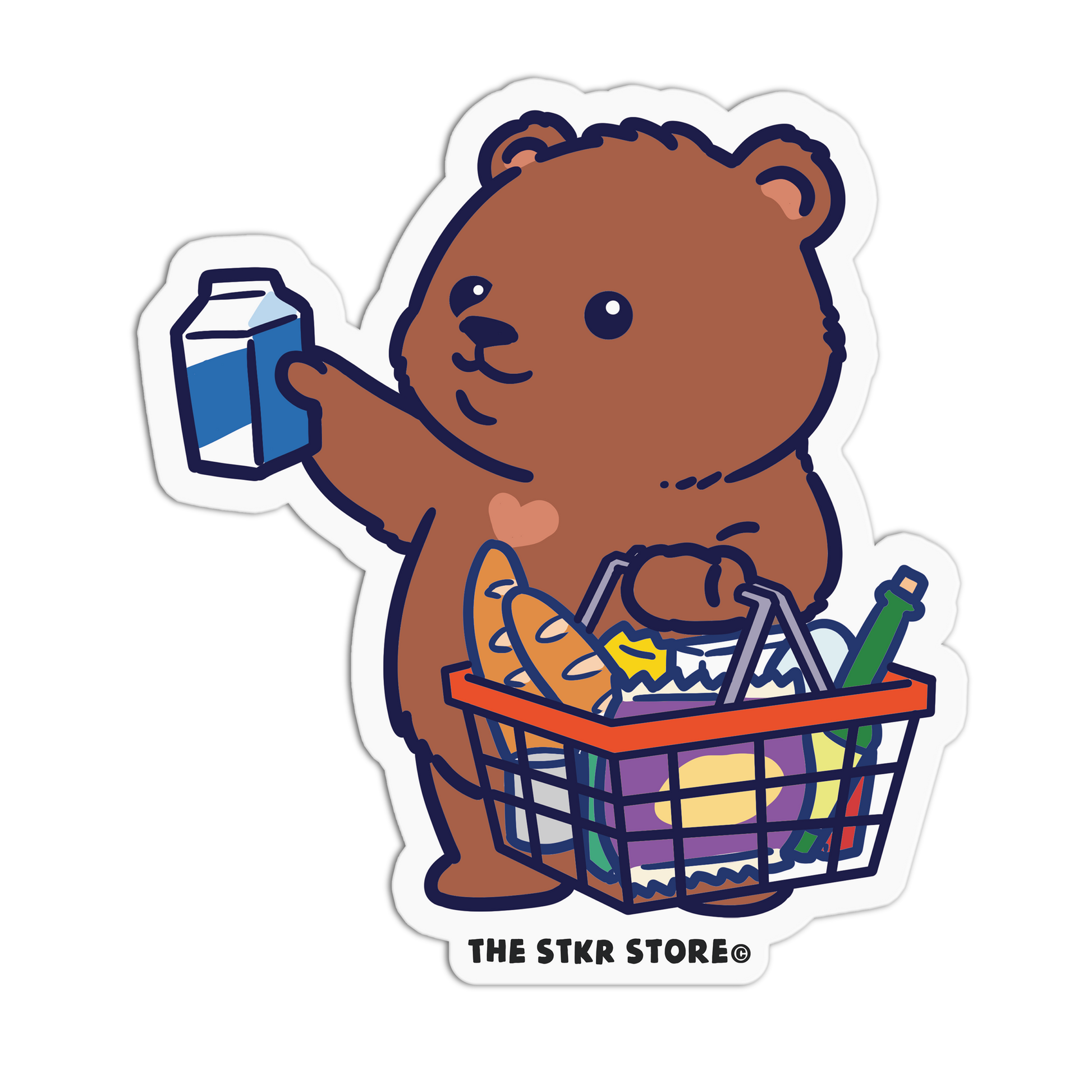 Cartoon bear holding a milk carton and a shopping basket with groceries on a white background, branded 'THE STKR STORE'.