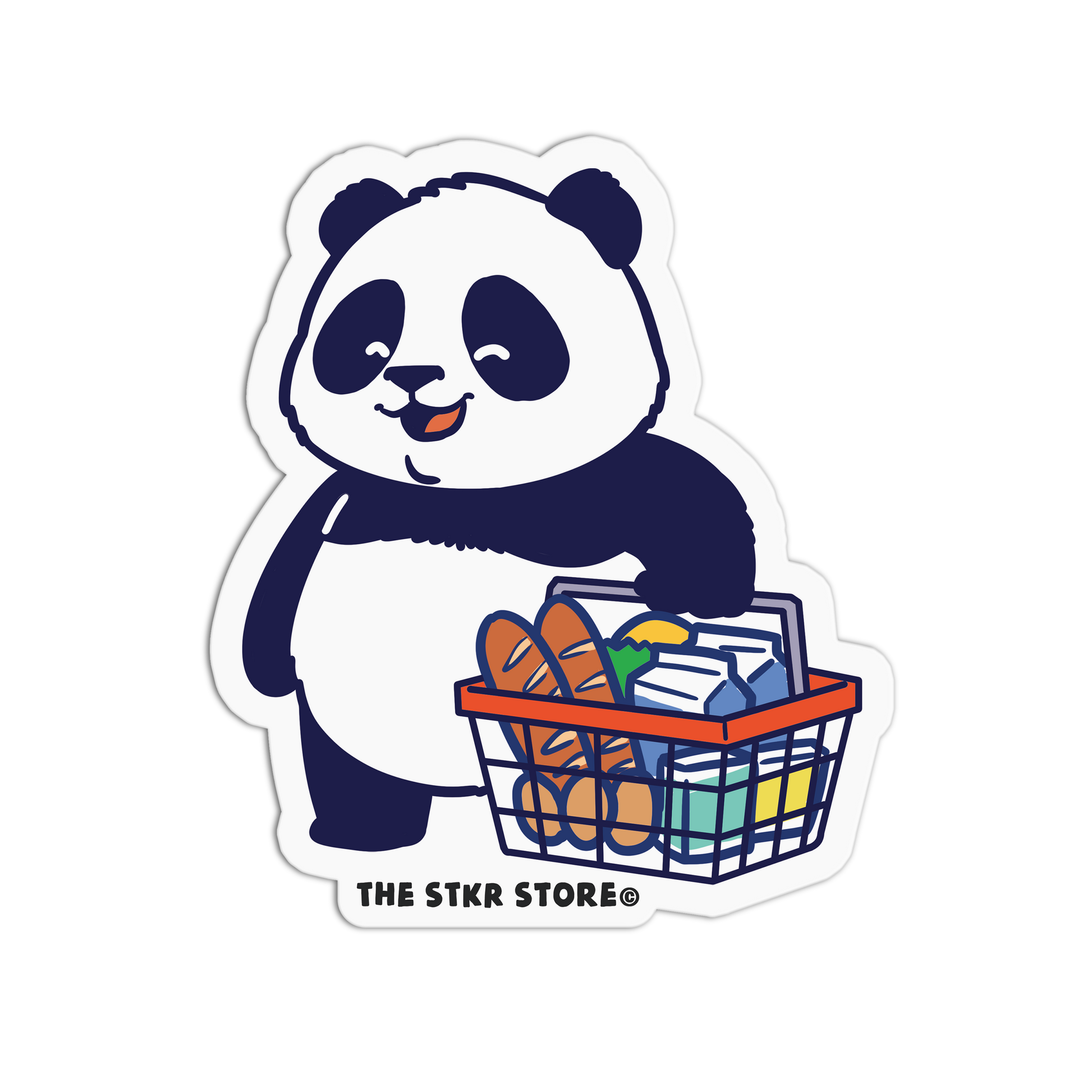 Sticker of a panda holding a basket with groceries from The STKR Store on a white background