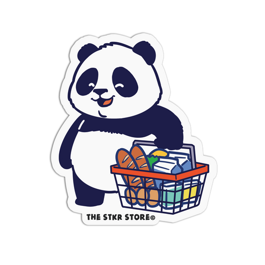 Sticker of a panda holding a basket with groceries from The STKR Store on a white background