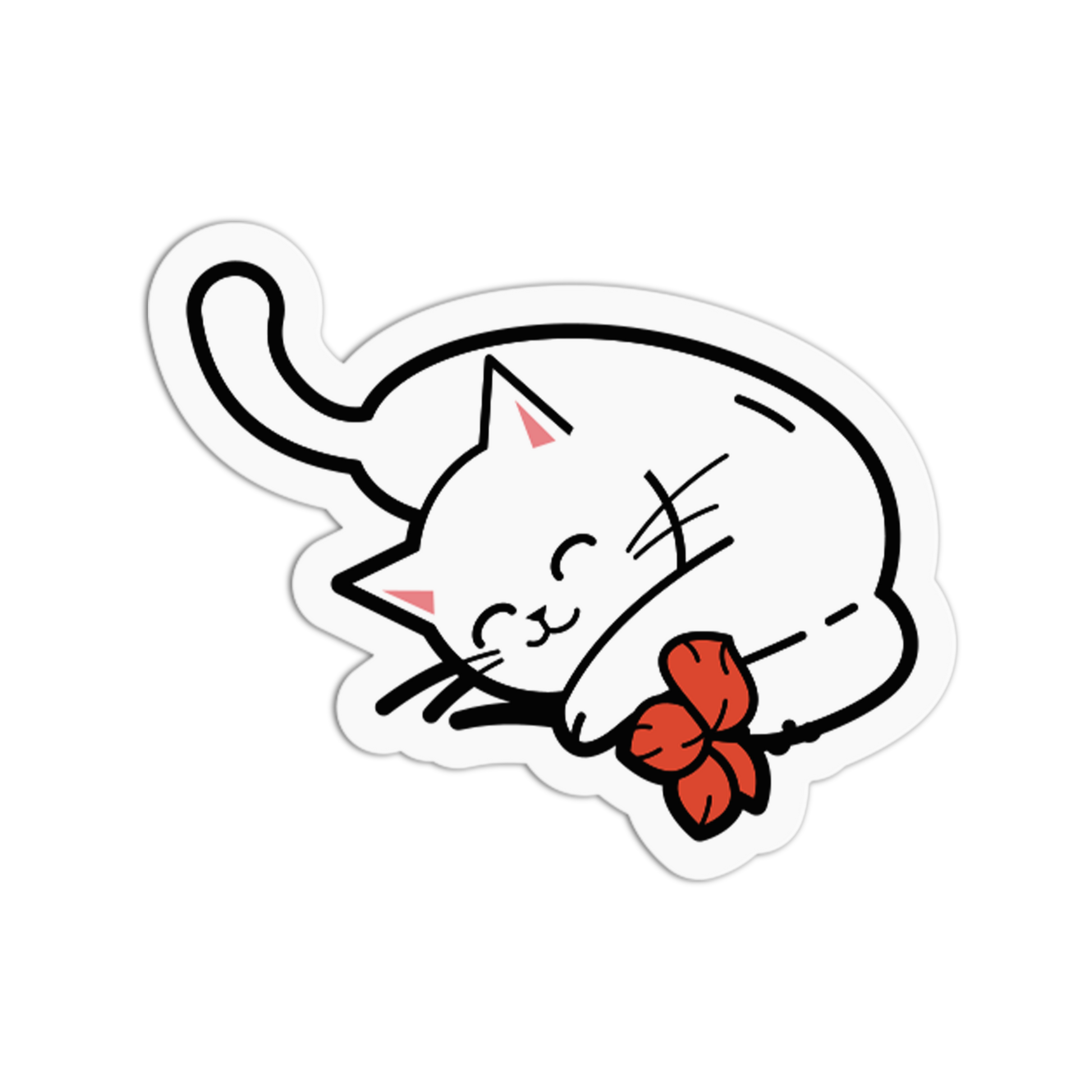 Illustration of a white cat with a red bow on a white background
