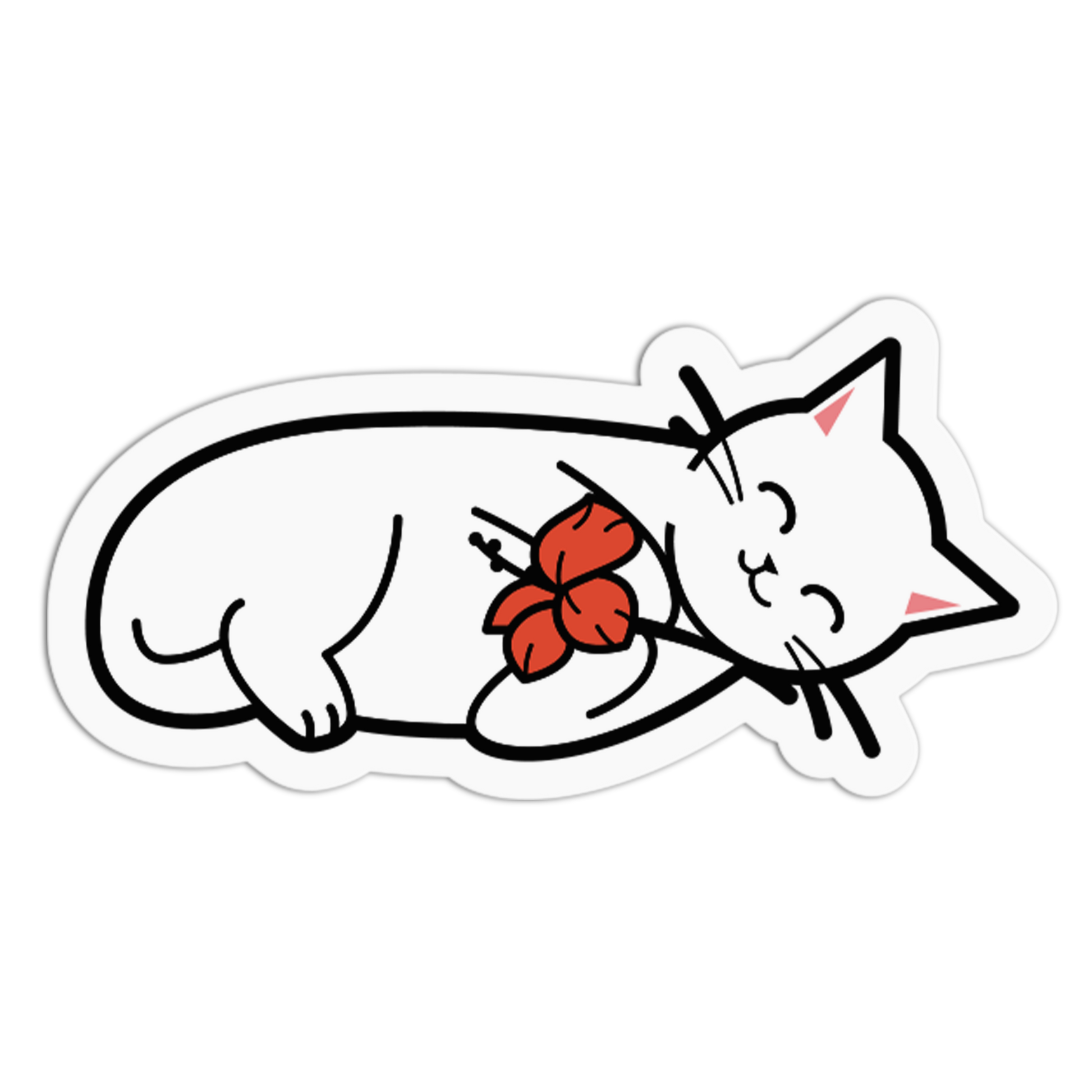 Cartoon cat with a red flower on a white background