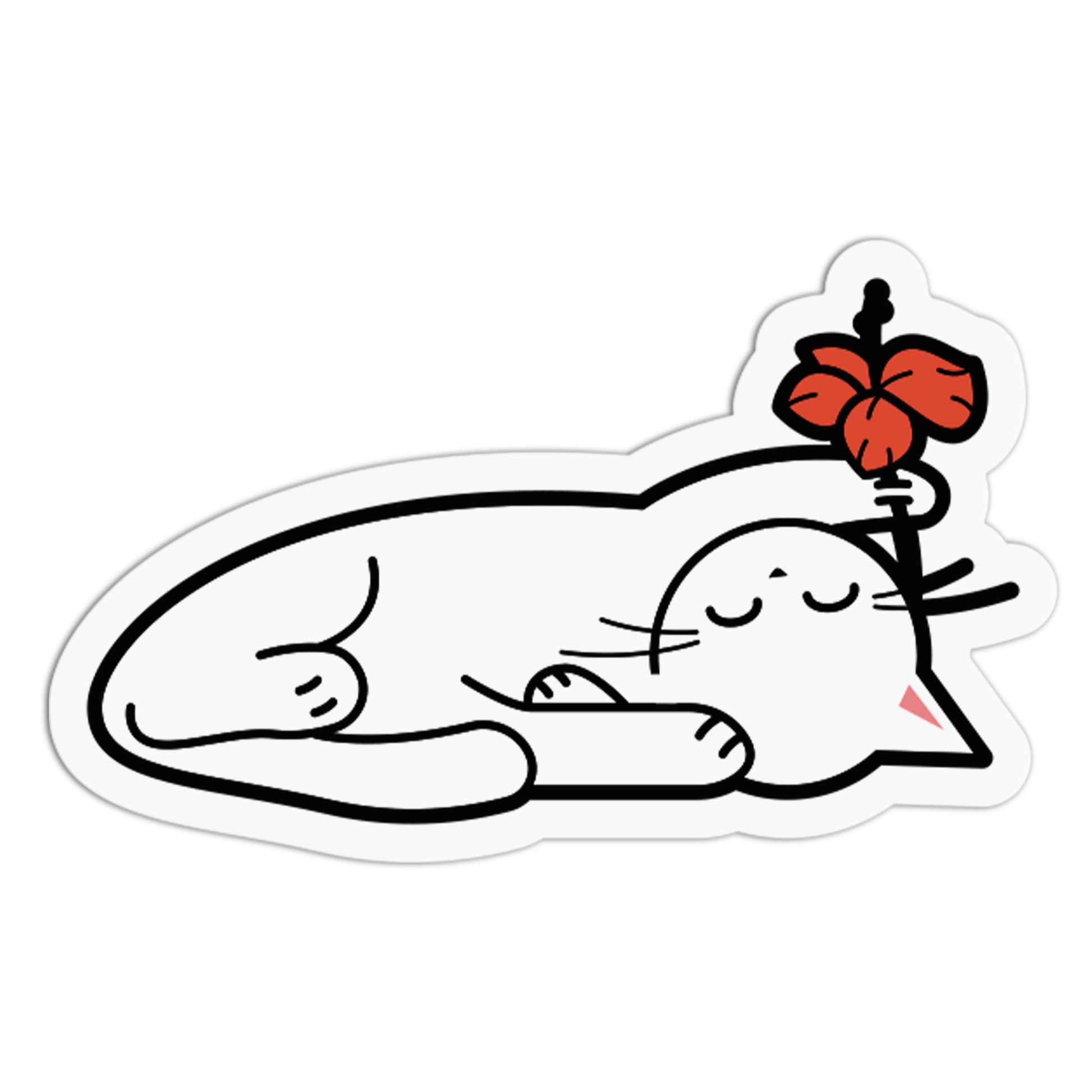 Illustration of a seal holding a red flower on a white background