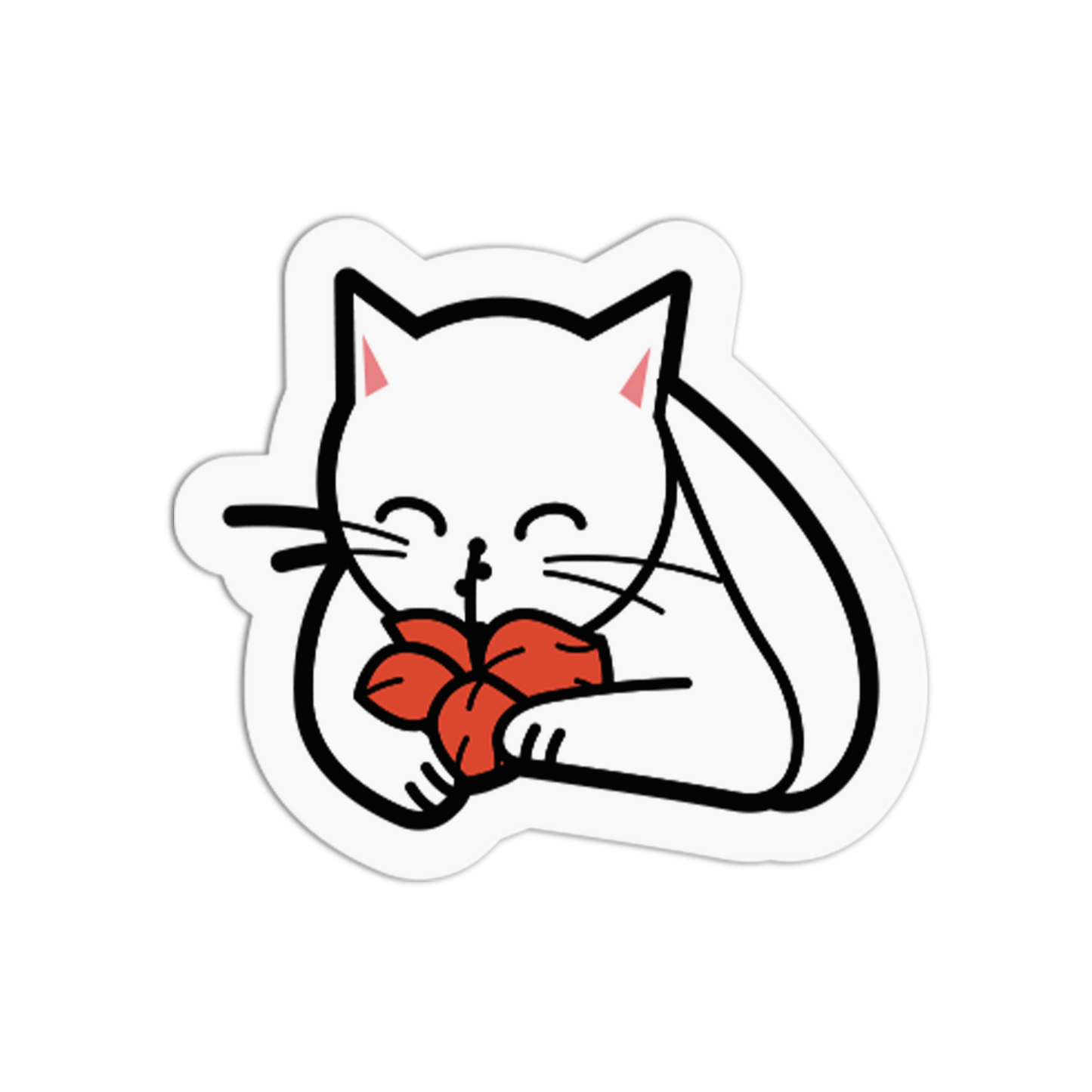 Illustration of a white cat holding a red bow on a white background